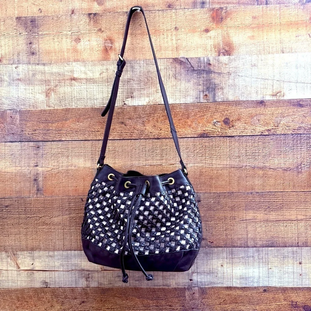 NWOT Marta Ponti Portugal Woven Leather Tan Black Hobo Bucket Bag